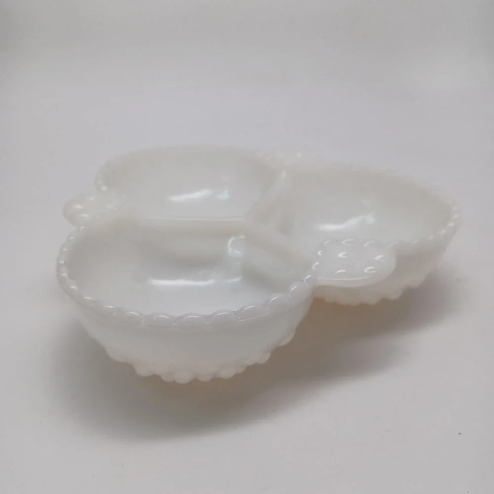 Vintage White Milk Glass Hobnail 3 Compartment Relish Dish Beaded Rim 7 inch